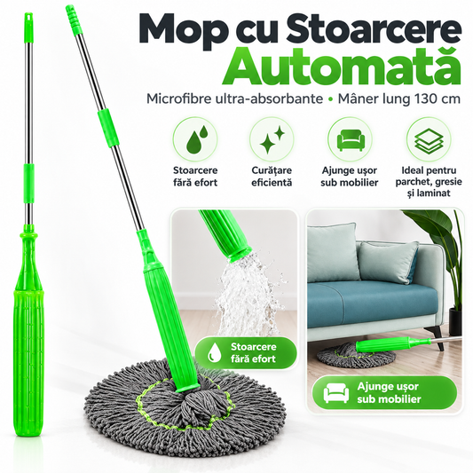 Mop cu stoarcere automată — microfibre ultra-absorbante, mâner 130 cm