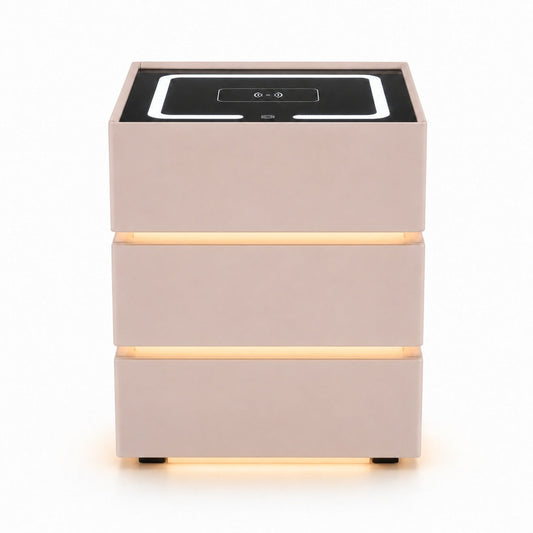 Noptieră modernă roz cu lumină ambientală LED și încărcare wireless ZanaCasei.Ro