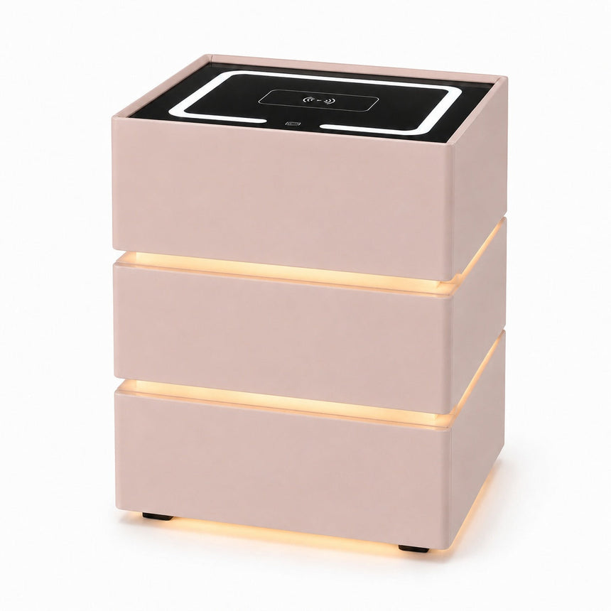Noptieră Dormitor cu Lumină LED Caldă și Încărcător Wireless Telefon — Design Modern
