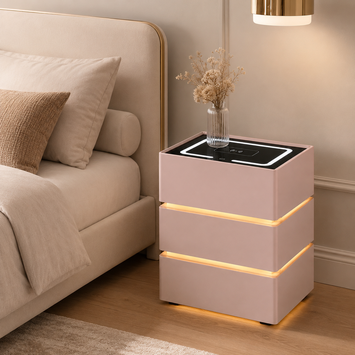 Noptieră Dormitor cu Lumină LED Caldă și Încărcător Wireless Telefon — Design Modern
