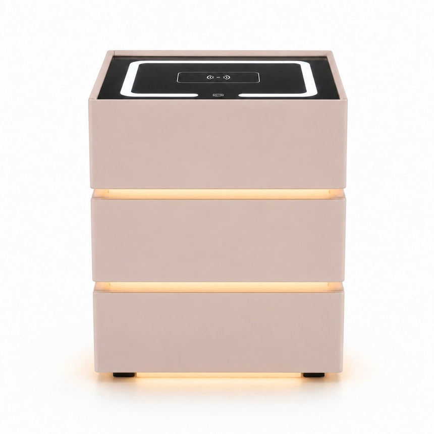 Noptieră Dormitor cu Lumină LED Caldă și Încărcător Wireless Telefon — Design Modern — finisaj Crem