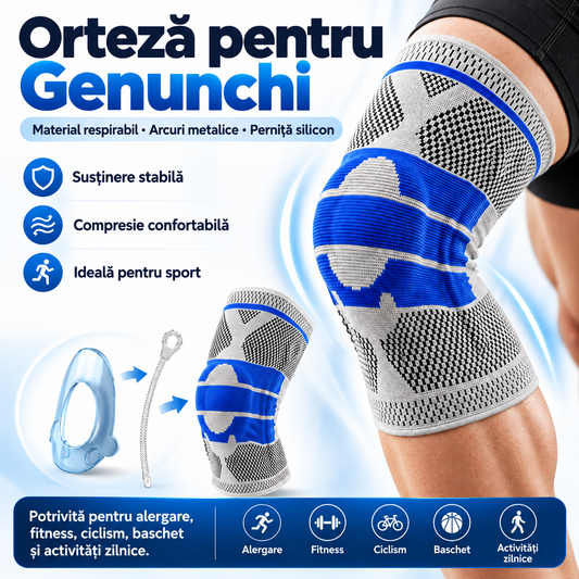 Orteză pentru genunchi – material respirabil, arcuri metalice, perniță silicon