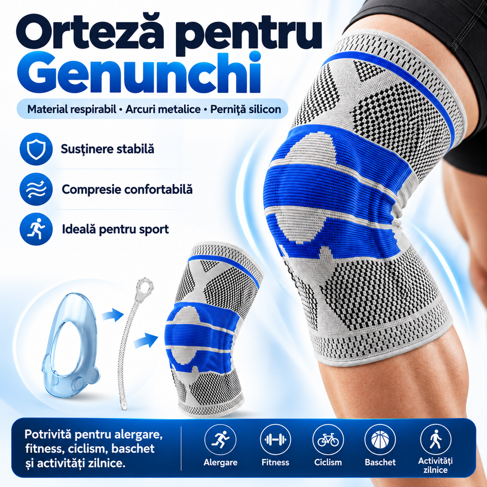 Orteză pentru Genunchi cu Arcuri Metalice Laterale și Perniță din Silicon – Material Respirabil, Compresie și Susținere pentru Sport, Gri (1 Bucată) — detalii