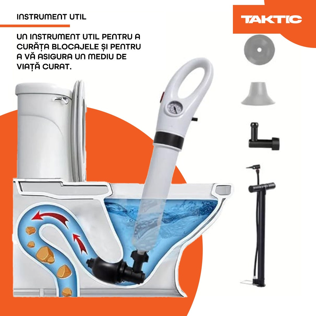 Pompă Aer Comprimat – Desfundă WC, Chiuvetă, Cadă, 4 Capete, Manometru, Fără Chimicale Taktic.ro