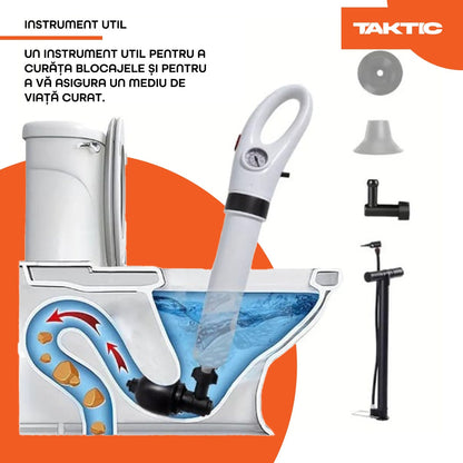 Pompă Aer Comprimat – Desfundă WC, Chiuvetă, Cadă, 4 Capete, Manometru, Fără Chimicale Taktic.ro