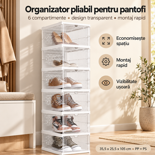 Organizator pliabil pentru pantofi – 6 compartimente, design transparent, montaj rapid