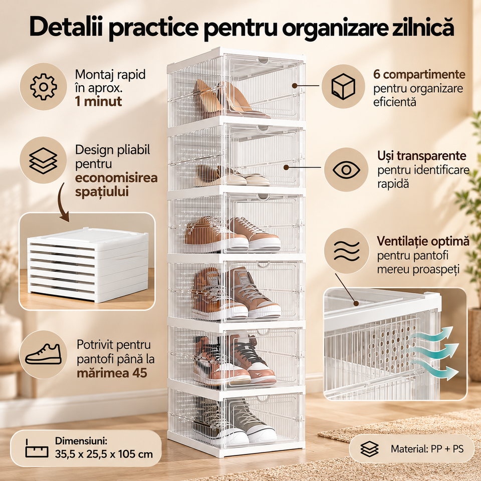 Set 6 Cutii Pliabile pentru Pantofi – Organizator Modular Transparent, Montaj Rapid, Ventilație, 35,5×25,5×105 cm, Alb — detalii practice