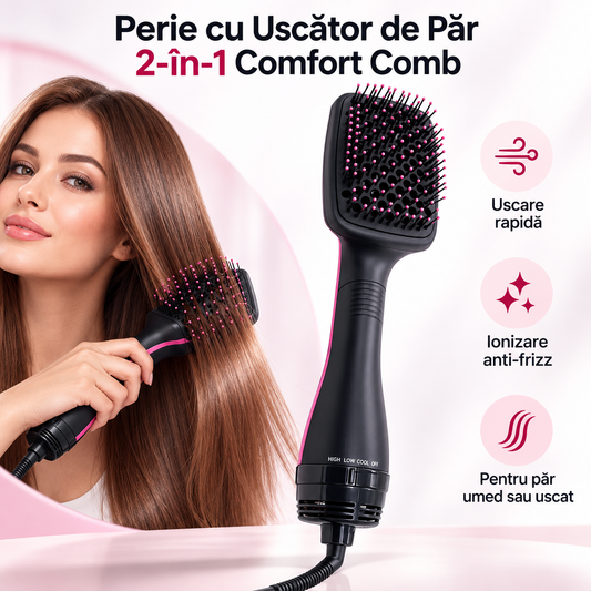 Perie cu uscător de păr 2-în-1 Comfort Comb — uscare rapidă, ionizare anti-frizz, păr umed sau uscat, negru/roz