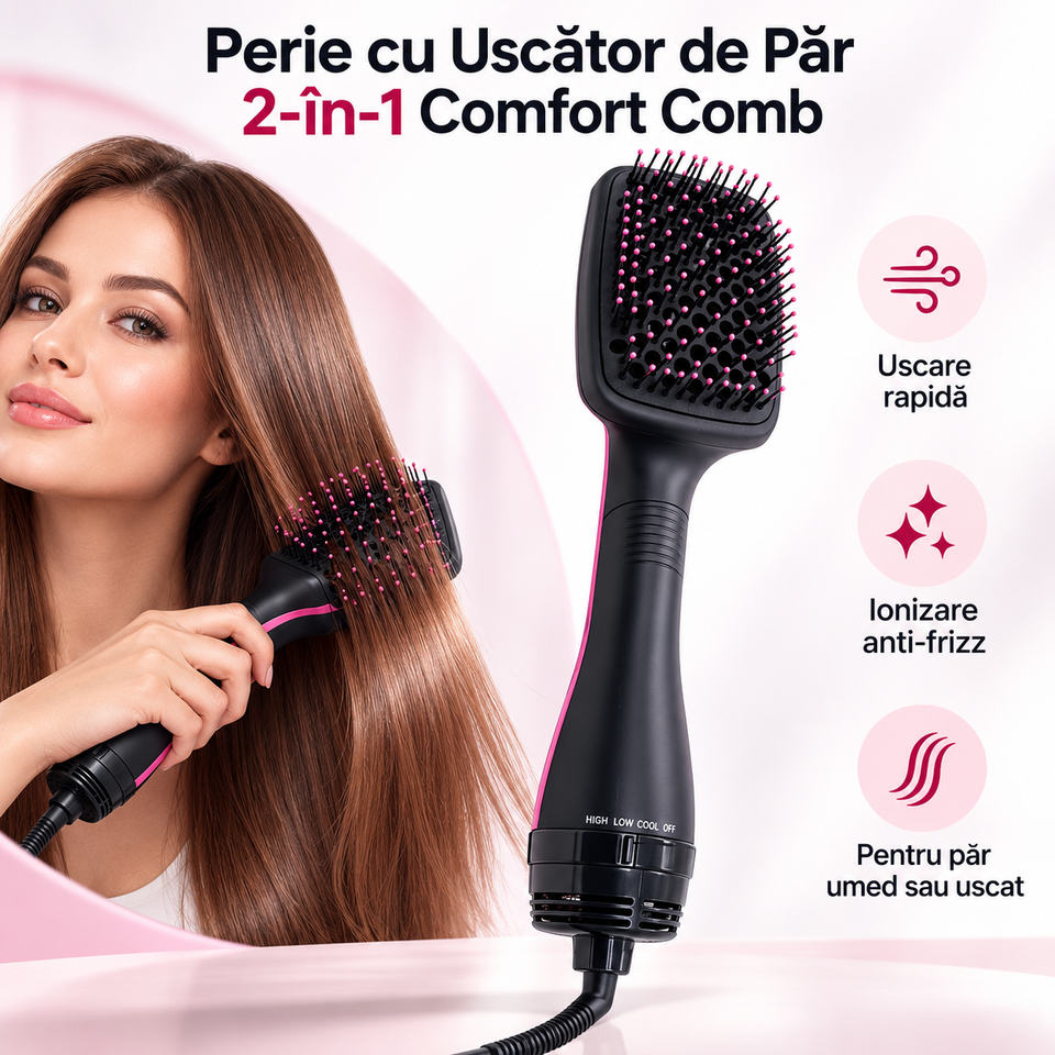 Perie cu Uscător de Păr 2-în-1 Comfort Comb – Perie Paddle pentru Netezire și Uscare Rapidă, Ionizare Anti-Frizz, Păr Umed sau Uscat, Negru/Roz — detalii și funcții