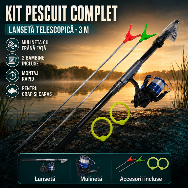Kit Complet de Pescuit 3M – Lansetă Telescopică 3 m + Mulinetă cu Frână Frontală + 2 Bambine și 2 Înfășurătoare de Fir, pentru Crap și Caras