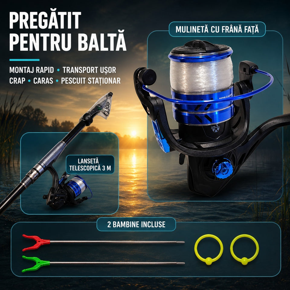 Kit Complet de Pescuit 3M – Lansetă Telescopică 3 m + Mulinetă cu Frână Frontală + 2 Bambine și 2 Înfășurătoare de Fir, pentru Crap și Caras — detalii