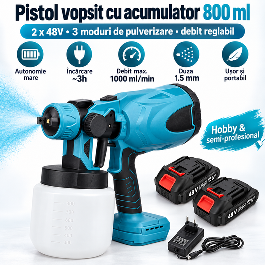 Pistol de vopsit cu acumulator 800 ml - infografic caracteristici