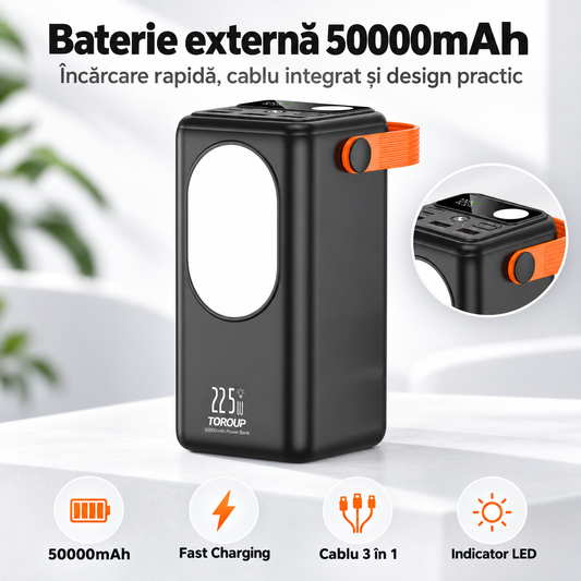 Baterie externă 50000 mAh — încărcare rapidă, cablu integrat 3 în 1