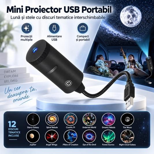 Mini proiector USB portabil lună și stele — 12 discuri tematice interschimbabile
