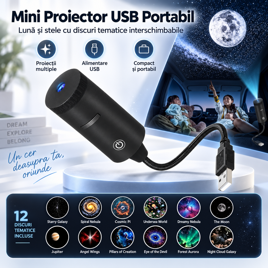 Mini Proiector USB Portabil pentru Lună și Stele – 12 Discuri Tematice Interschimbabile