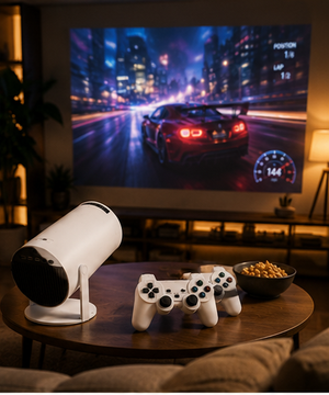 Videoproiector portabil inteligent cu 2 controllere și jocuri incluse, Android 11, suport 4K, Wi-Fi 6, Alb
