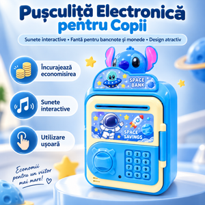Pușculiță Electronică pentru Copii – Mini Seif cu Sunete Interactive, Fantă pentru Bancnote și Monede, Tastatură și Slot Card, Albastru, +3 Ani