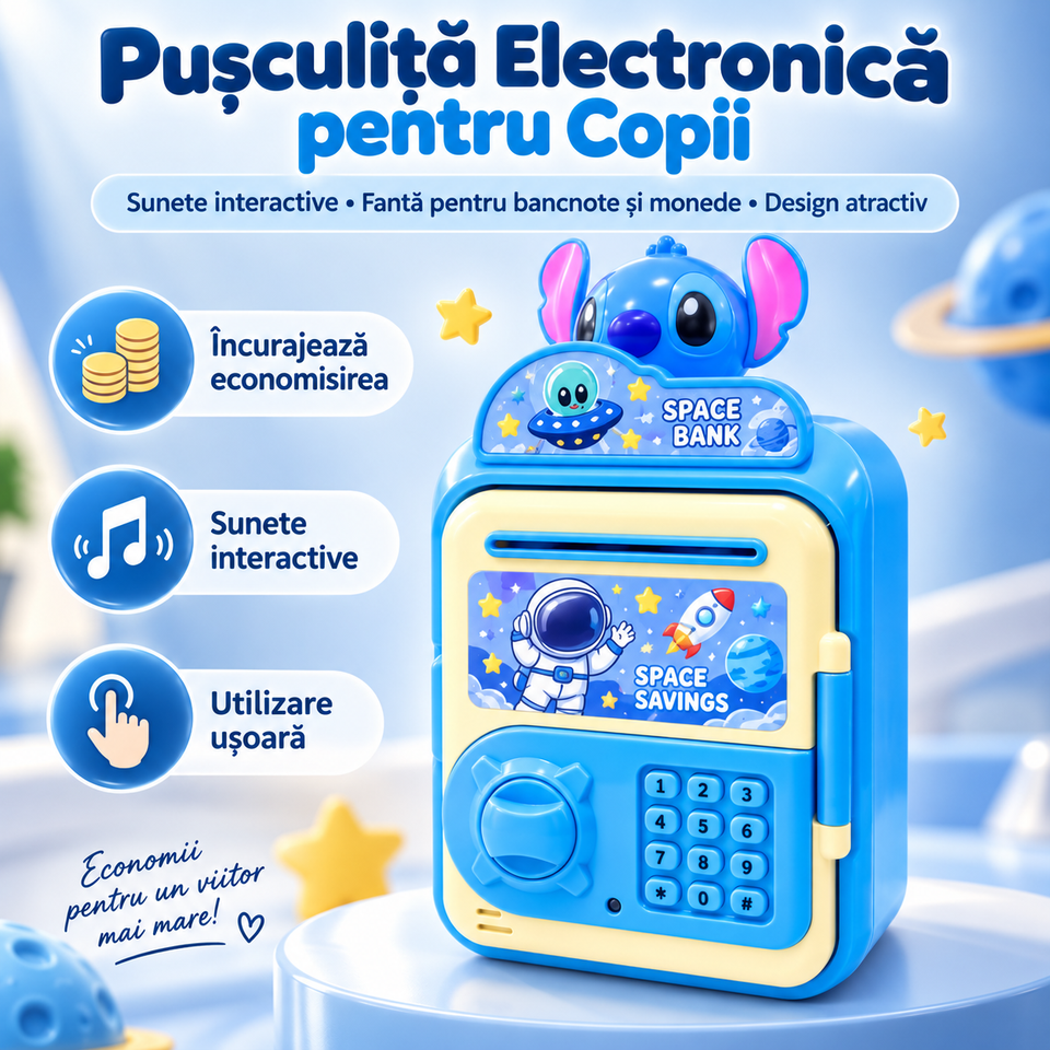 Pușculiță Electronică pentru Copii – Mini Seif cu Sunete Interactive, Fantă pentru Bancnote și Monede, Tastatură și Slot Card, Albastru, +3 Ani