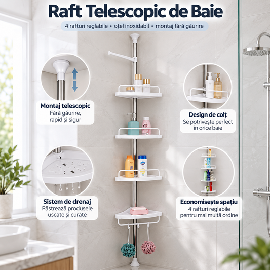 Raft telescopic de baie — etajeră de colț cu 4 rafturi reglabile, fără găurire