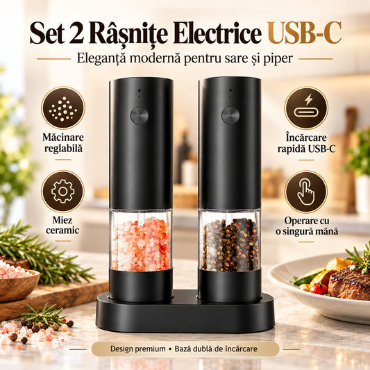 Set 2 râșnițe electrice USB-C – măcinare reglabilă, mecanism ceramic, bază dublă de încărcare