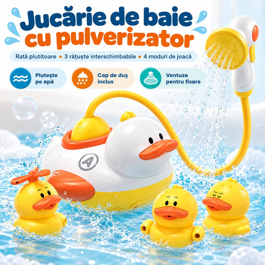 Jucărie de baie cu pulverizator - rață plutitoare cu 3 rățuște și cap de duș