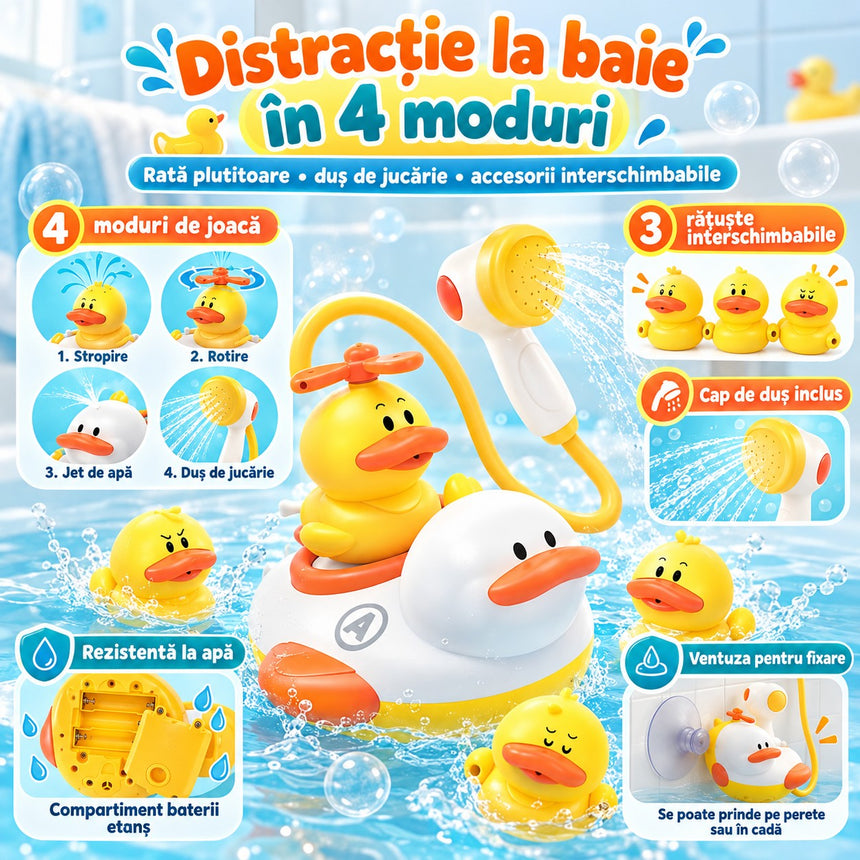 Distracție la baie în 4 moduri — rățuște interschimbabile, cap de duș, ventuză