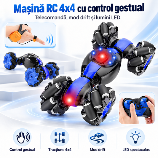 Mașină RC 4x4 cu control gestual — telecomandă, mod drift și lumini LED