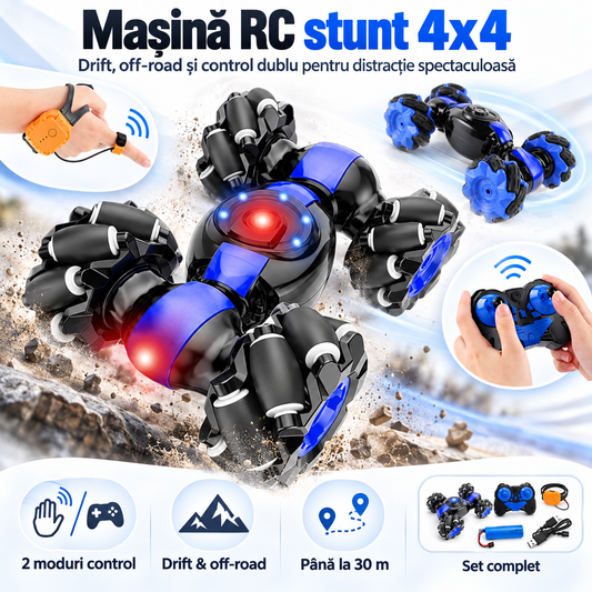 Mașină RC stunt 4x4 — drift, off-road, rază 30 m, set complet
