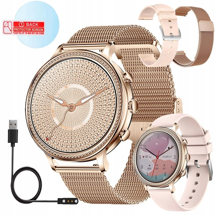 Smartwatch Femei Sunshine Gold 2 Curele Metal+Silicon - 1.39 Inch, Touch, Rotund ZanaCasei.Ro