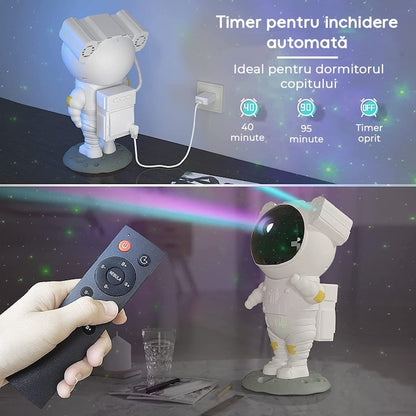 Proiector de Stele Astronaut – Lampa de Veghe cu Rotire 360°, Telecomandă și Efecte de Galaxie ZanaCasei.Ro