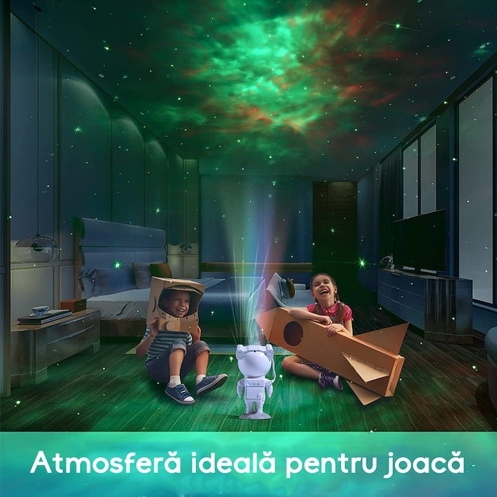 Proiector de Stele Astronaut – Lampa de Veghe cu Rotire 360°, Telecomandă și Efecte de Galaxie ZanaCasei.Ro
