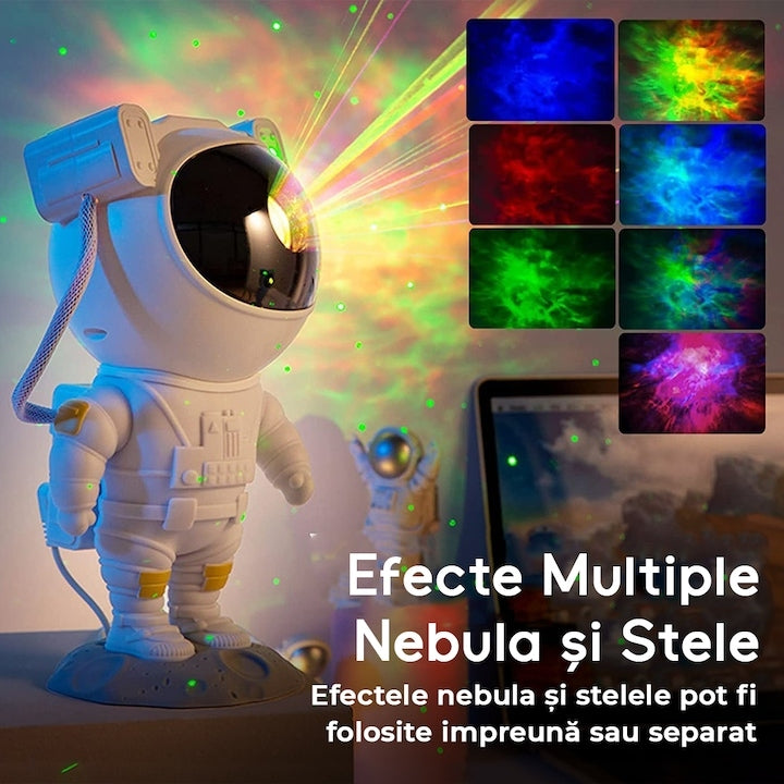 Proiector de Stele Astronaut – Lampa de Veghe cu Rotire 360°, Telecomandă și Efecte de Galaxie ZanaCasei.Ro