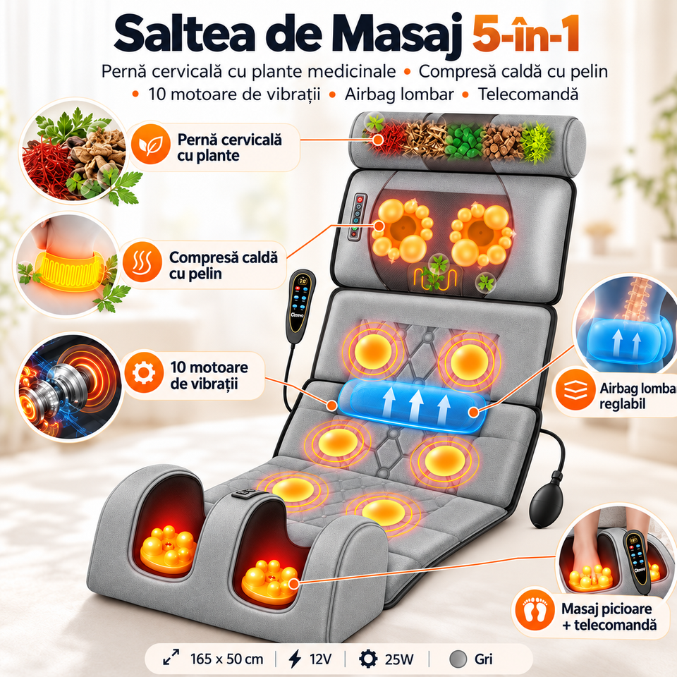 Saltea de Masaj 5-în-1 cu Pernă Cervicală cu Plante Medicinale, Compresă Caldă cu Pelin, 10 Motoare de Vibrații, Airbag Lombar și Telecomandă – 165×50 cm, Gri