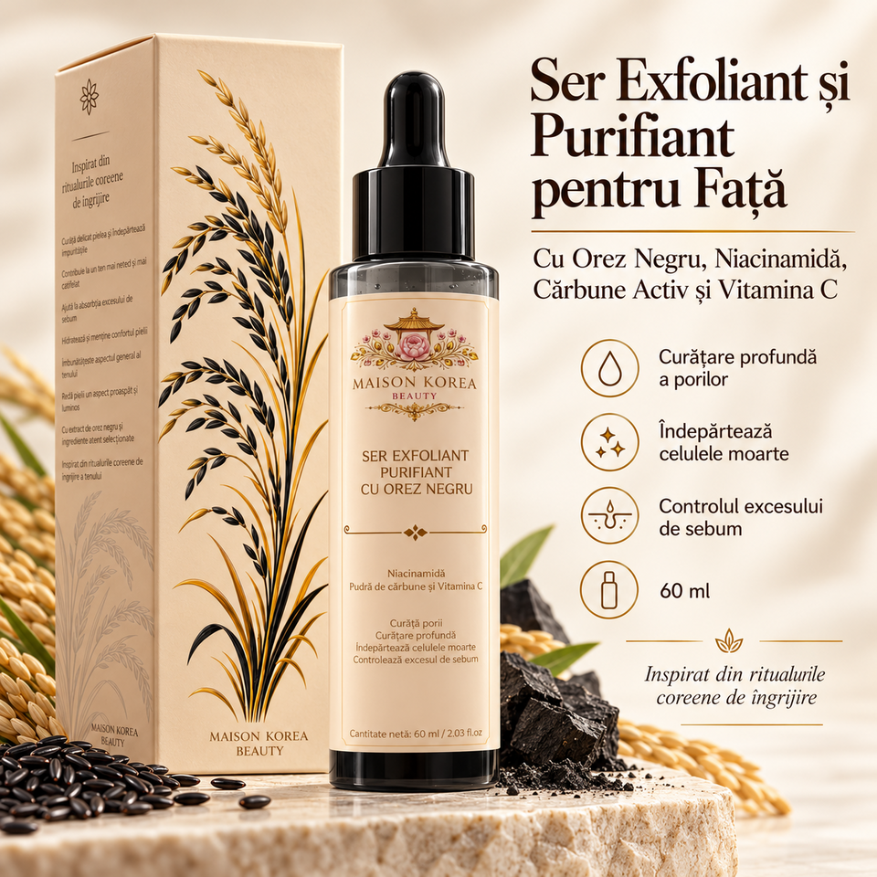 Ser Exfoliant și Purifiant pentru Față Maison Korea Beauty, cu Orez Negru, Niacinamidă, Cărbune Activ și Vitamina C – Curățare Profundă a Porilor, Îndepărtarea Celulelor Moarte și Controlul Excesului de Sebum, 60 ml