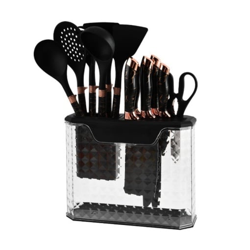 Set 16 Piese Ustensile Bucătărie din Silicon & Set Cuțite cu Suport – Design Modern, Multifuncțional ZanaCasei.Ro