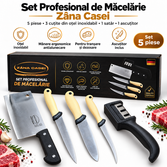Set Profesional de Măcelărie Zâna Casei, 5 Piese – 3 cuțite, satâr și ascuțitor