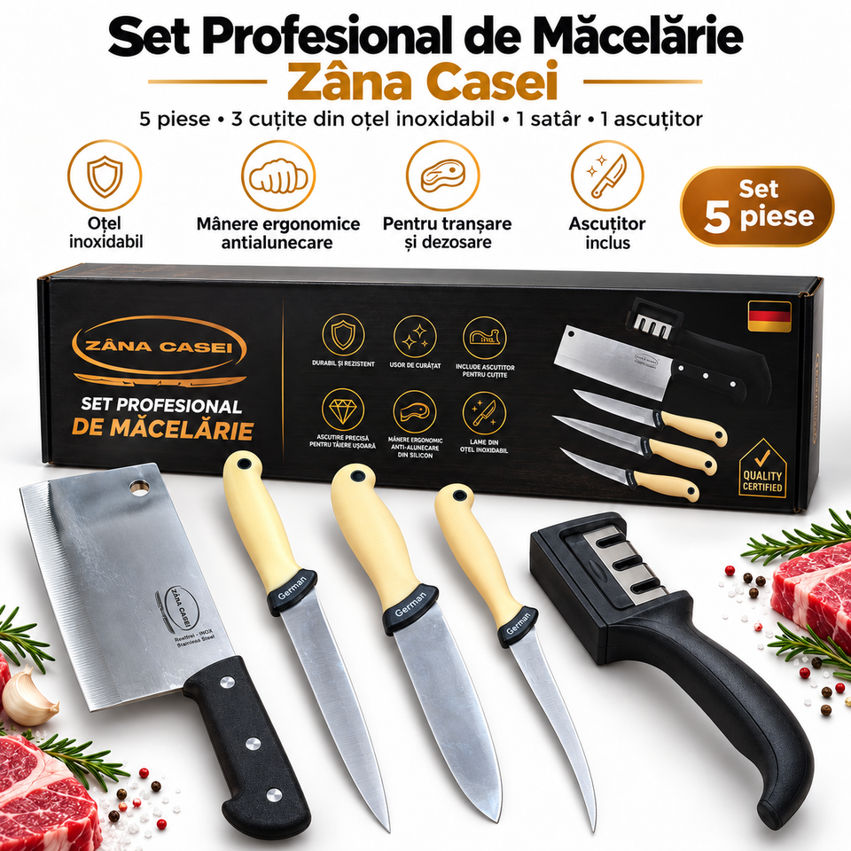 Set Profesional de Măcelărie Zâna Casei, 5 Piese – 3 Cuțite din Oțel Inoxidabil, 1 Satâr pentru Carne și 1 Ascuțitor, Mânere Ergonomice Antialunecare, pentru Tranșare și Dezosare