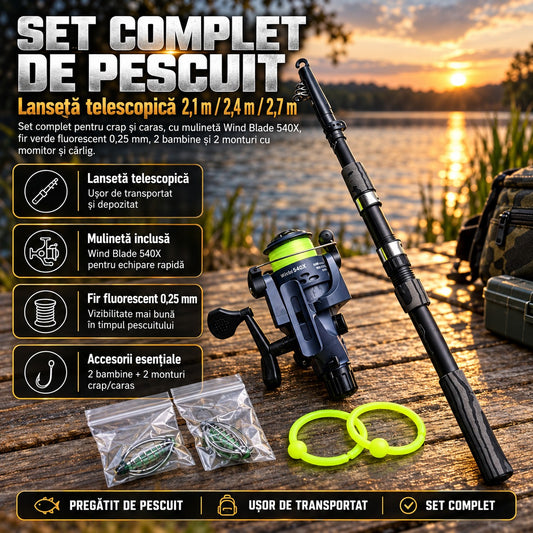 Set complet de pescuit cu lansetă telescopică, mulinetă Wind Blade 540X, fir fluorescent și accesorii