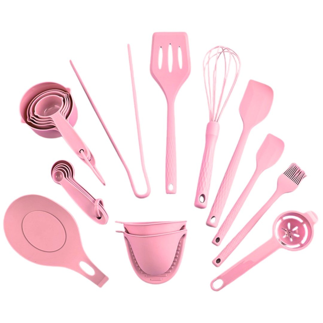 Set Ustensile Bucătărie 21 Piese din Silicon – Roz, Antiaderent, Design Modern ZanaCasei.Ro