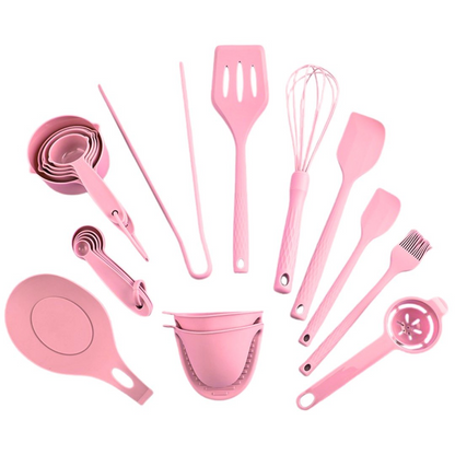Set Ustensile Bucătărie 21 Piese din Silicon – Roz, Antiaderent, Design Modern ZanaCasei.Ro