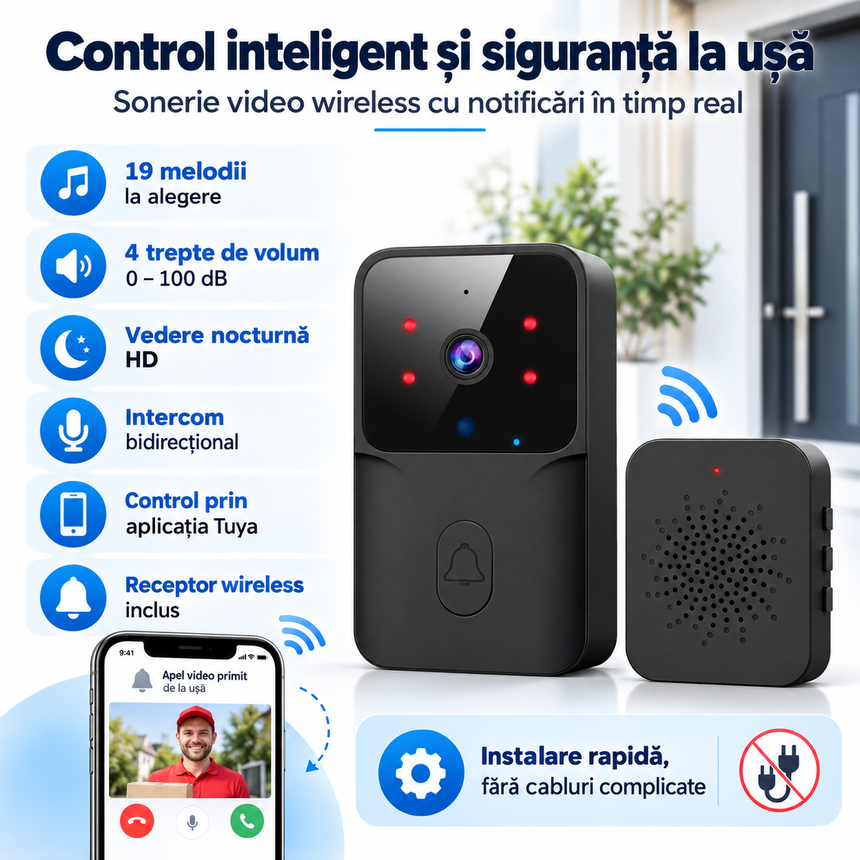 Control inteligent și siguranță la ușă — 19 melodii, 4 trepte de volum, intercom
