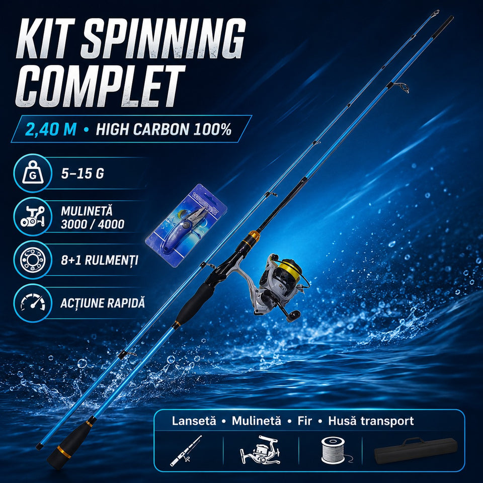 Kit Spinning Complet 2,40 m – Lansetă High Carbon 5–15 g + Mulinetă 8+1 Rulmenți cu Fir, Husă de Transport Inclusă