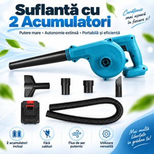Suflantă cu 2 Acumulatori, Putere Mare, Autonomie Extinsă, Portabilă și Eficientă
