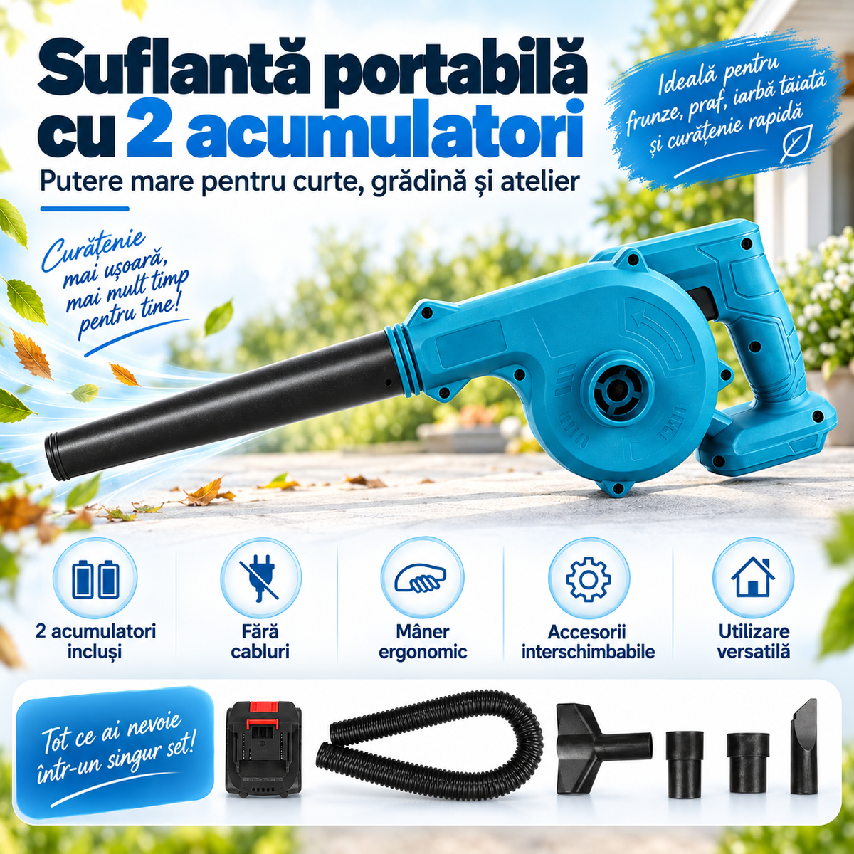 Suflantă cu 2 Acumulatori VERDE , Putere Mare, Autonomie Extinsă, Portabilă și Eficientă — set complet cu accesorii