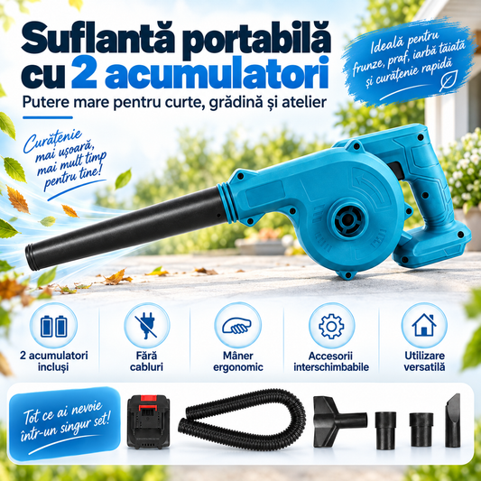 Suflantă portabilă cu 2 acumulatori — set complet cu accesorii