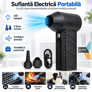 Suflantă Electrică Portabilă cu LED – Mini Turbo Jet 17×5 cm, 2 Duze Interschimbabile, Încărcare USB, pentru Curățare și Uz Casnic