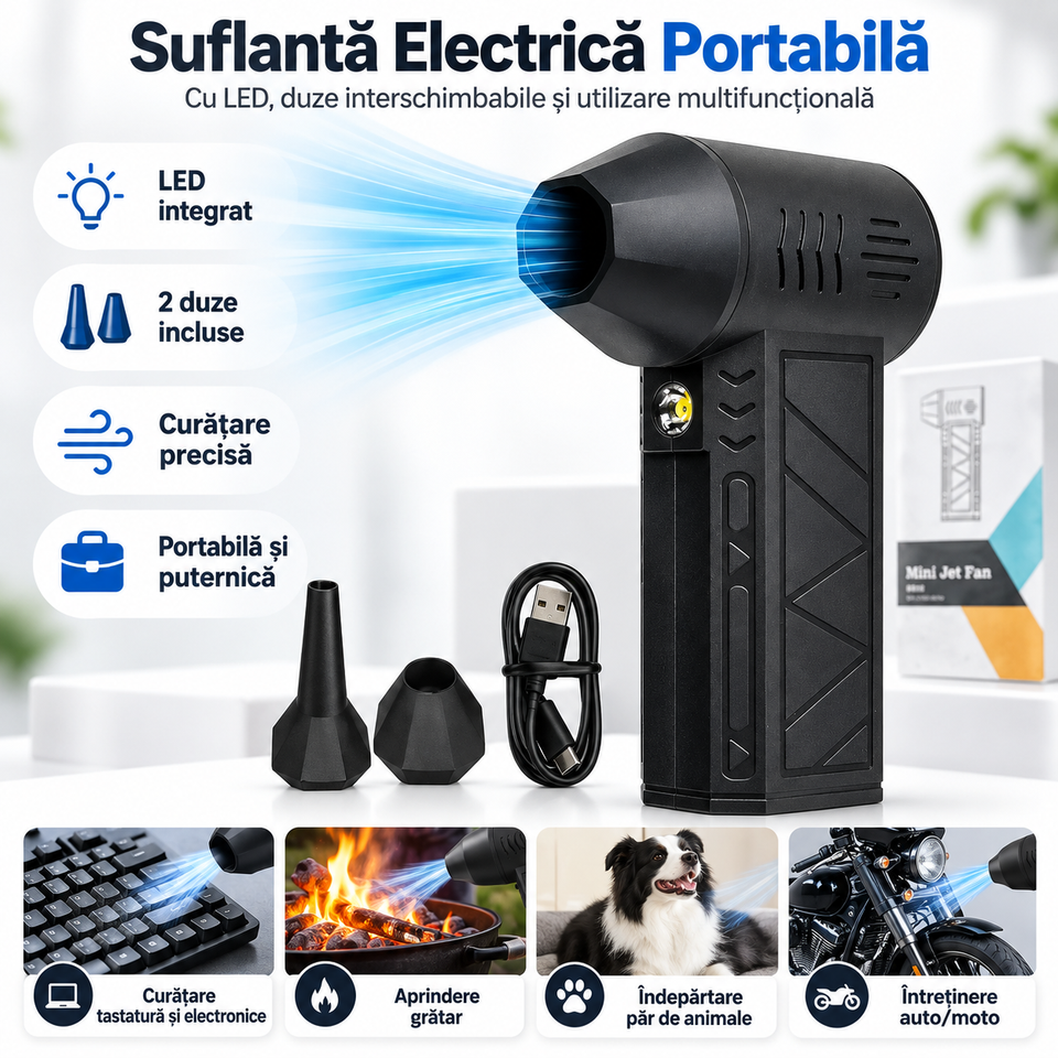 Suflantă Electrică Portabilă cu LED – Mini Turbo Jet 17×5 cm, 2 Duze Interschimbabile, Încărcare USB, pentru Curățare și Uz Casnic