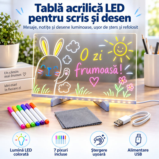 Tablă acrilică LED pentru scris și desen — mesaje luminoase, 7 pixuri colorate