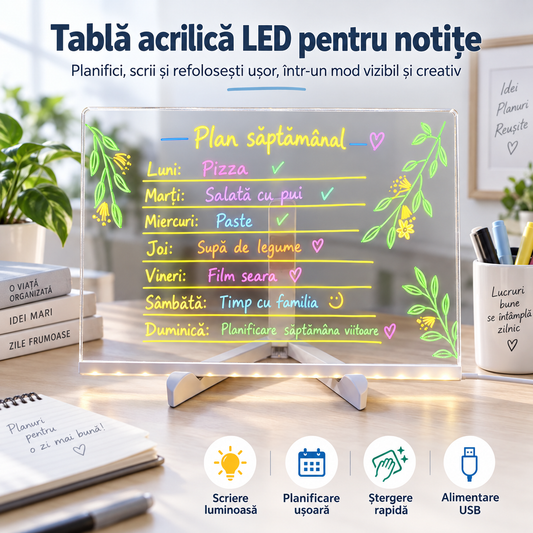 Tablă acrilică LED pentru notițe — plan săptămânal luminos, alimentare USB