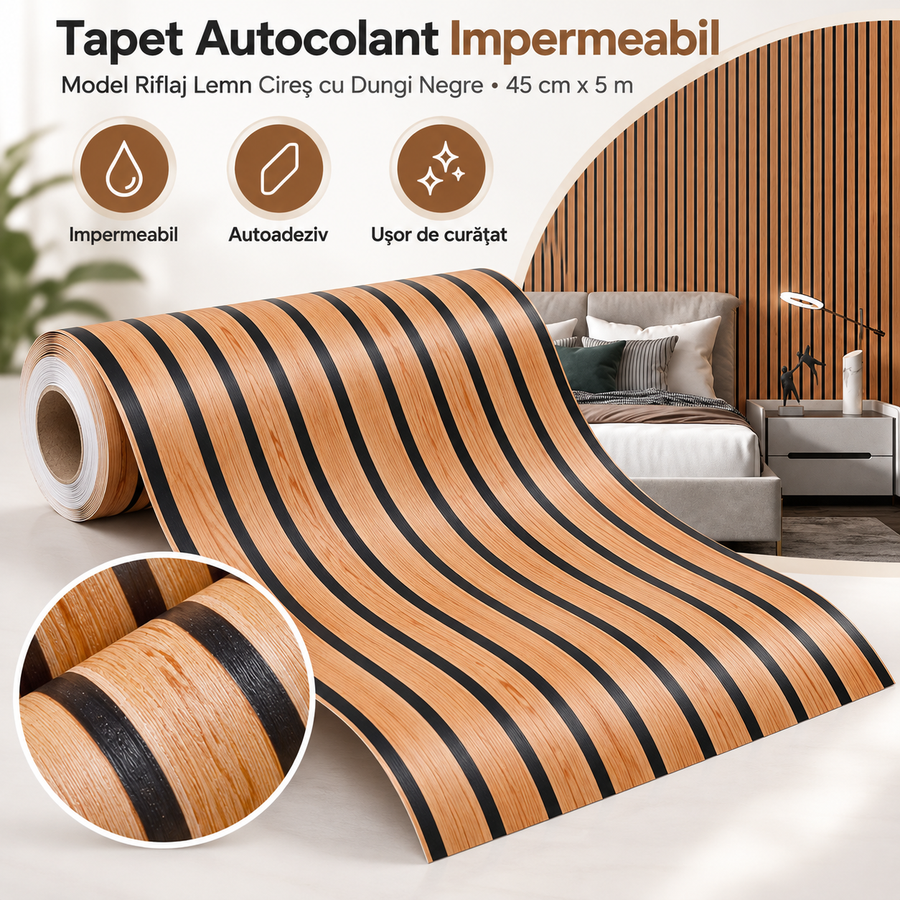Tapet Autocolant Impermeabil, Model Riflaj Lemn Cireș cu Dungi Negre, 45 cm x 5 m